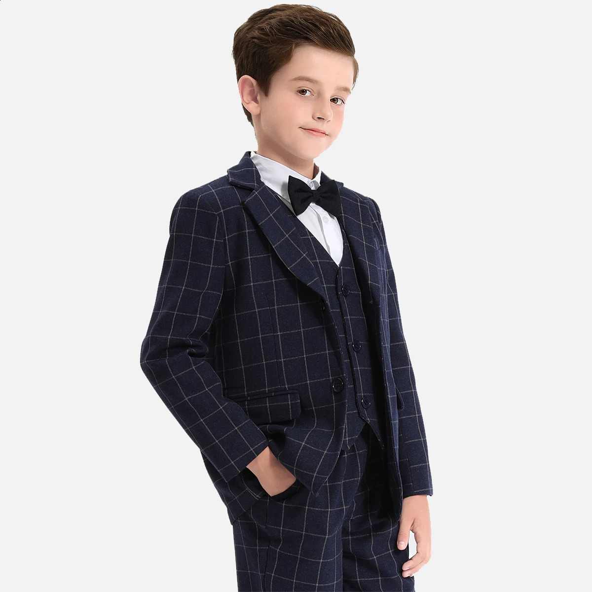 Suit for Kids Boys Wedding Plaid Teenager Formal Easter Tuxedo Bowtie Children Blazer Flower Party Performance Costume 3PCS 241223