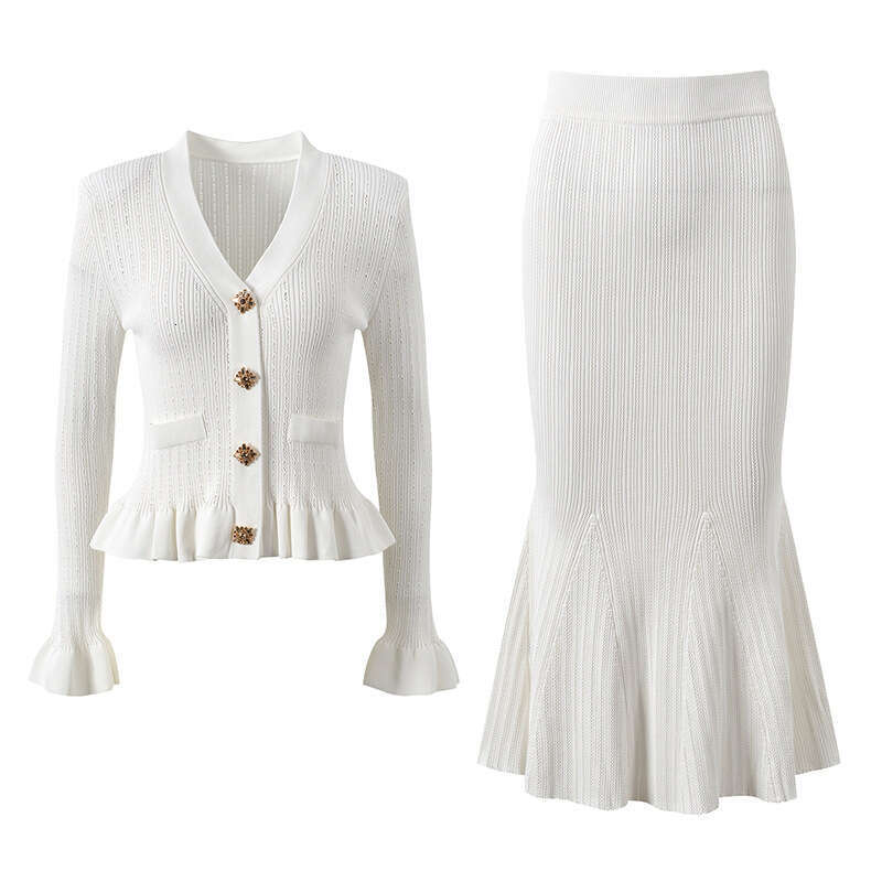 Dress Skirt Set French Elegant Knitted Two Piece Sets Women Ruffle V-Neck Long Sleeve Sweater Top High Waisted Midi Fishtail Skirt Vintage Suits