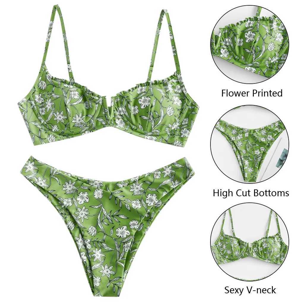 Beach Swimsuits Women Floral Printed Bikinis Set Push Up Bra Split Tankinis Set Summer 2pcs Sexy Bikinis Female Boho BeachwearXJ241223
