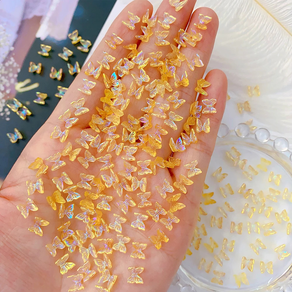 100Pcs Colorful Aurora Butterfly Nail Art Decoration 6mm Resin Mini 3D Butterfly Nail Charms AB Pink Cute Manicure Butterfly N* 241223