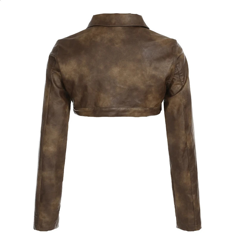 CIBBAR Brown Leather Cropped Jacket y2k Vintage Pocket Patchwork Zip Up Full Sleeve PU Coat 2000s Streetwear Women Jackets Retro 241223