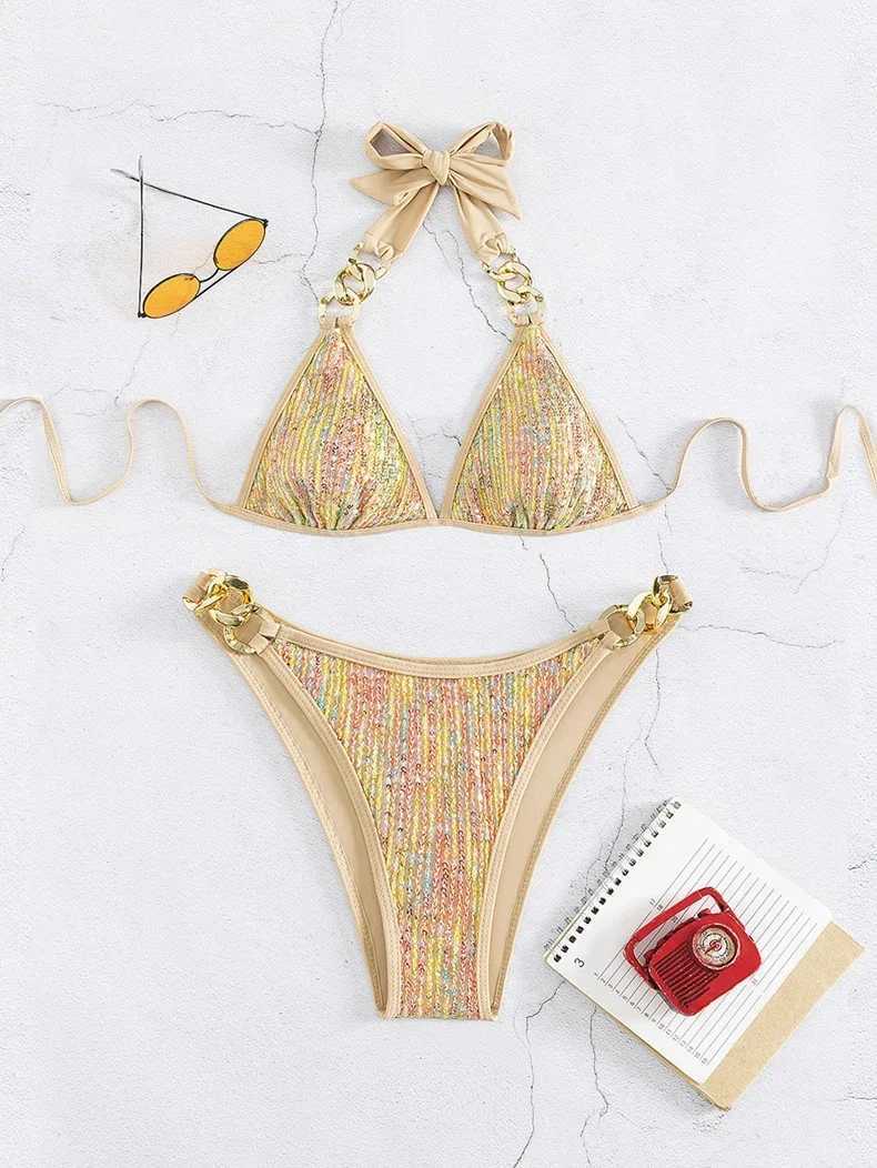 Shiny Sequin Gold Bikini Set 2025 Women Metal Strap Push Up Micro Swimsuit Luxury Cut Out Bathing Suit Chain Thong SwimwearXJ241223