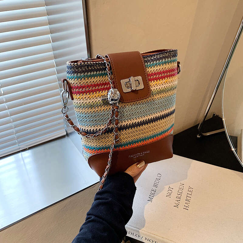 This year's popular straw bucket for women 2024 new fashionable summer rainbow woven crossbody phone bag