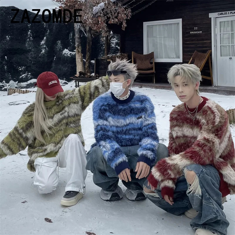 ZAZOMDE Striped American Style Street Knitted Sweaters Top For Men Women Trendy Casual Couple Knitwear Sweater Clothing Men 241223