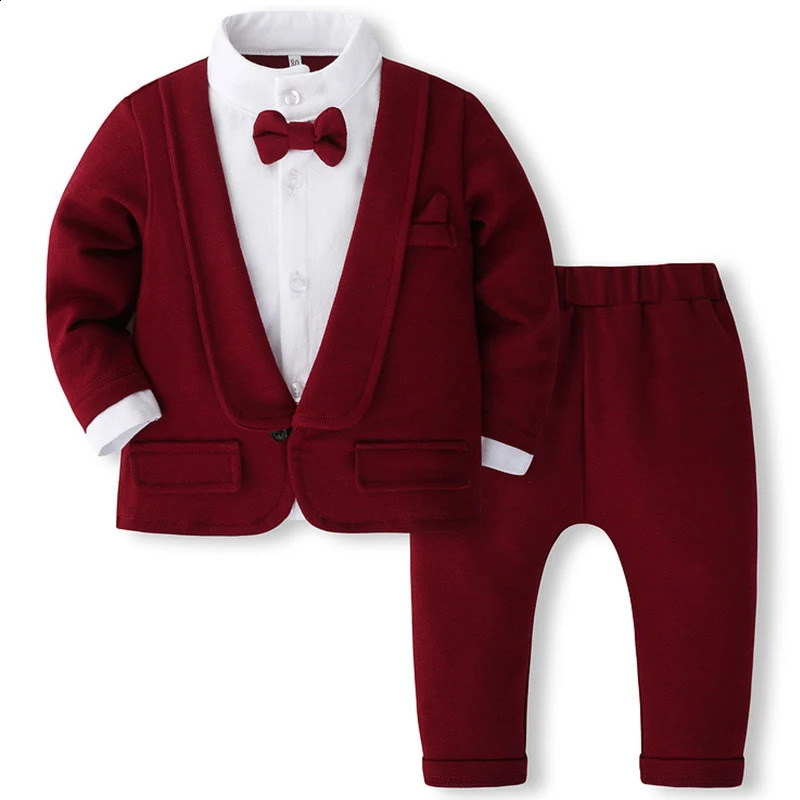 2Piece Set In Spring Baby Boy Clothes 0 To 3 Months Fashion Red Gentleman Long Sleeve Tie TopsPants born Outfit BC2465-1 241223