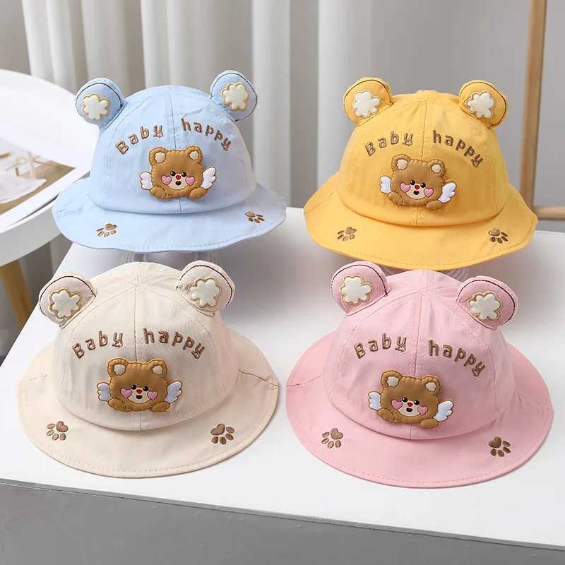 Caps Hats Cute Bear Ear Baby Bucket Hat Cartoon Solid Color Boys and Girls Fishermans Hat Spring and Summer Soft Cotton Childrens Panama Sun Hat H2412