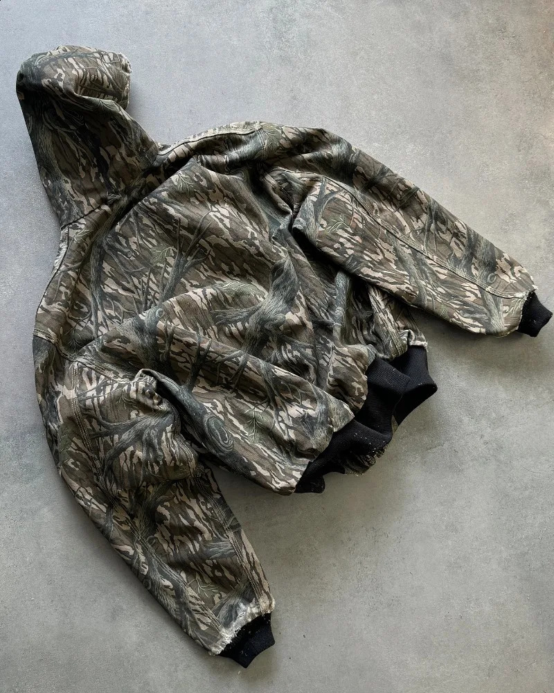 Y2k American winter ripped zipper hoodie men retro loose camouflage sweatshirt Harajuku hip hop fashion oversized jacket 241223