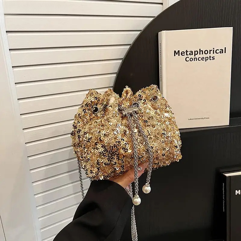 Banquet Sequin Shoulder Bag Fashion Bucket Shiny Handbags Gold Sier Underarm Chain Crossbody Bags For Women Girl
