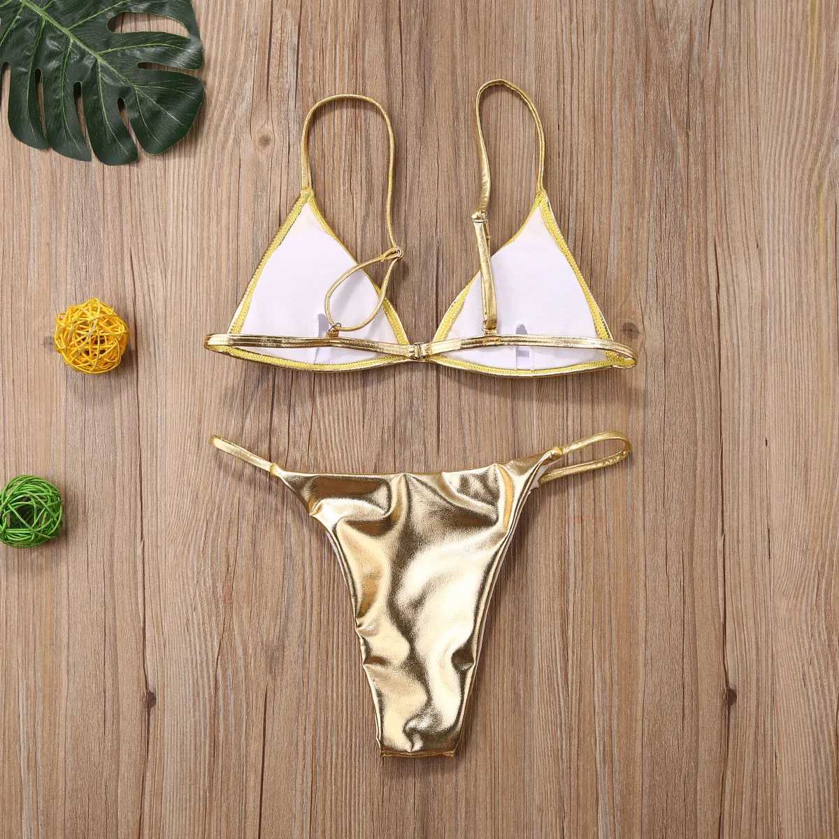 2020 Womens Gold Bikinis Set Hot Summer Sexy Padded Triangle Bra Low Waist Swim Bottoms Fashion Shiny Bathing Suit BeachwearXJ241223