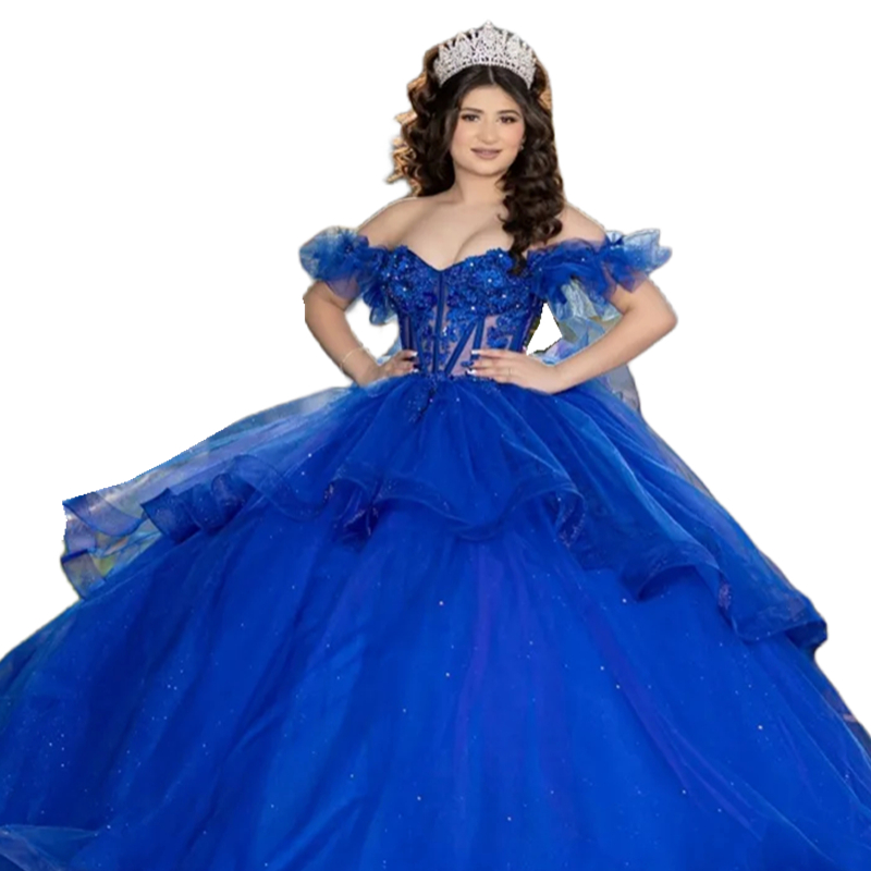 Blue Princess Quinceanera Dresses Off The Shoulder Long Ball Gown Prom Party Special Occasion Gowns Tiered Tulle Sweet 16 Dress Corset Back