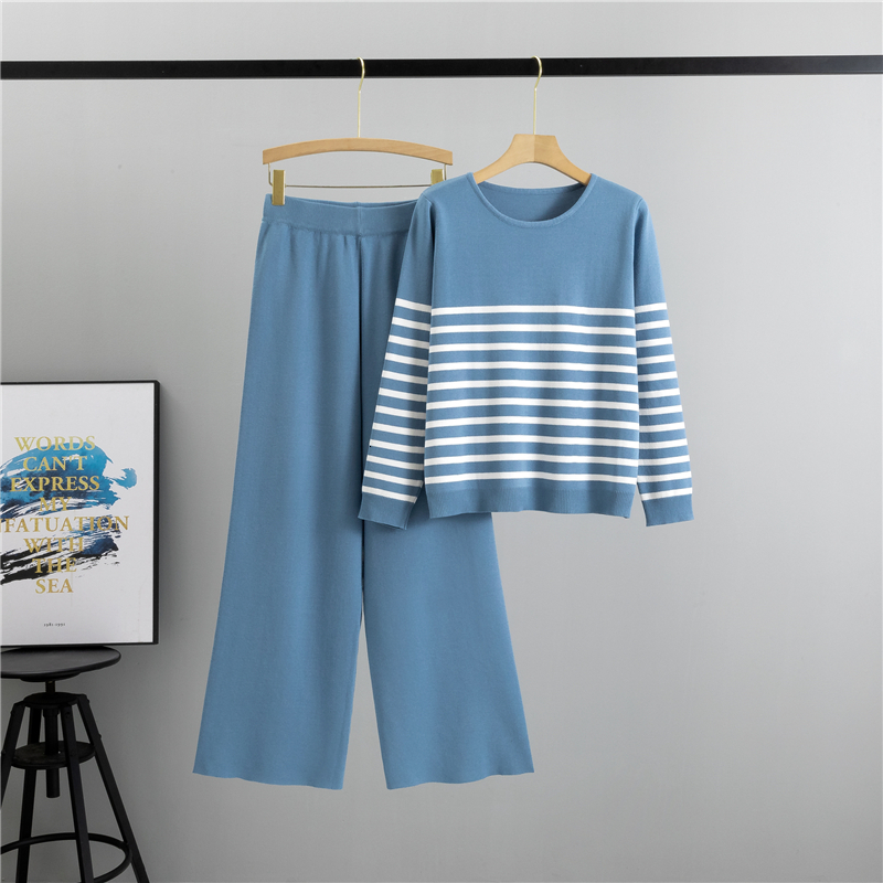 Knitted Suit Striped Tops Wide Leg Knit Pantst Waist Loose 2-Piece Set New In Autumn Winter Casual Clothes For Women