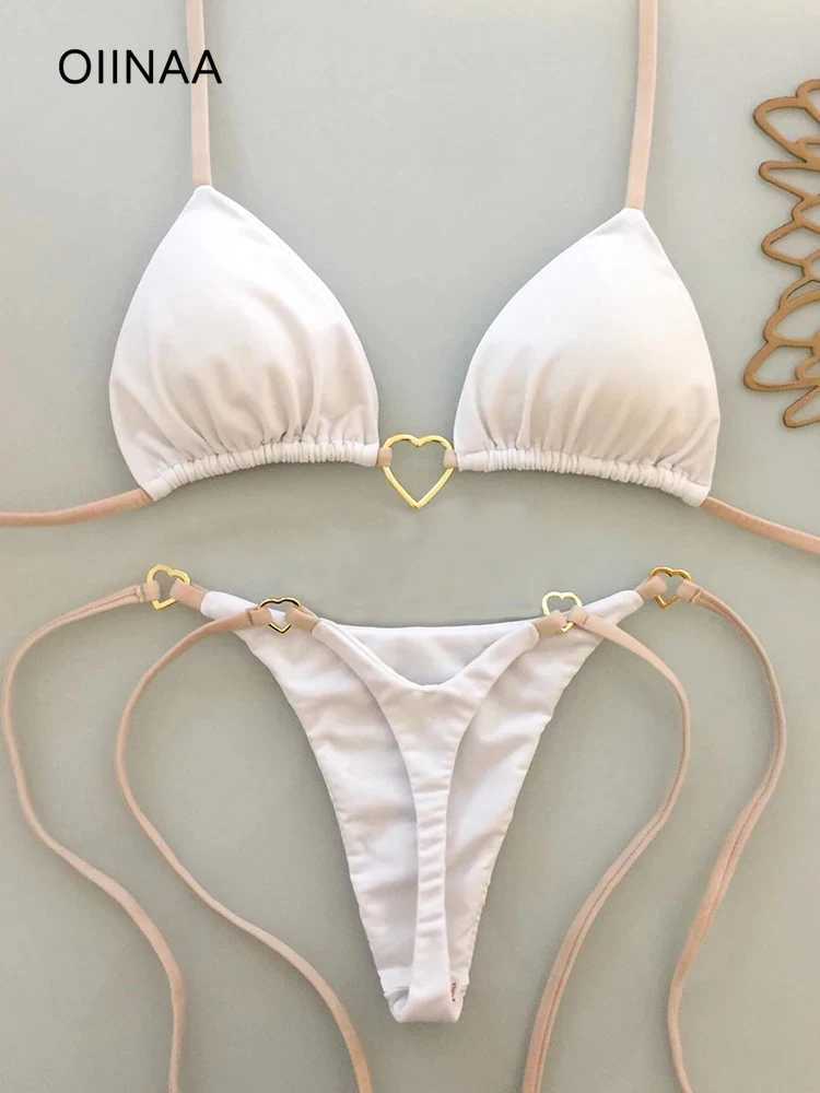 OIINAA Bathing Suit Women Sexy Solid Swimsuit Heart Metal Ring Bikini Set Drawstring Two-piece Beach Wear Lace Up Split BiquinisXJ241223