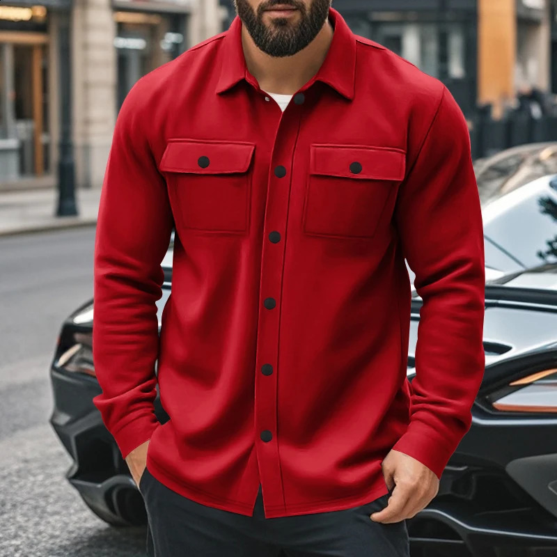 Stylish fleece single-breasted long-sleeved lapel shirt with double pockets shows personality and charm for many occasions 241223