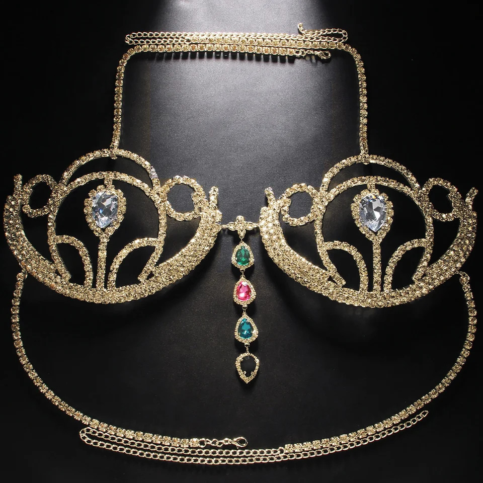 Sexy Nightclub Bikini Crystal Nipple Piercing Chain Full Chest Chain Rhinestone Body Chain Bra Women 241220