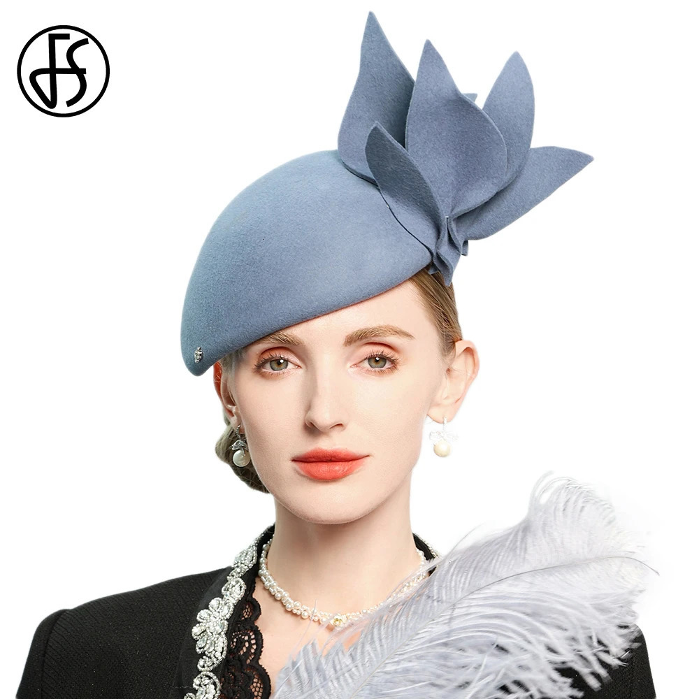 FS Winter Blue Wool Berets Elegant Church Hats For Women Formal Felt Fedoras Luxury Tea Party Fascinator Hat With Flower 241220