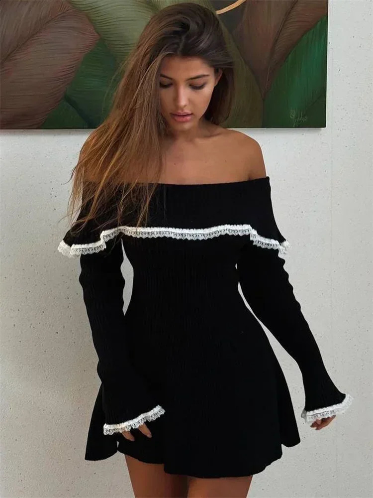 Tossy Knit OffShoulder Sweater Mini Dress Womens Lace Patchwork Ribbed Slim Backless Elegant Party Knitwear 241218