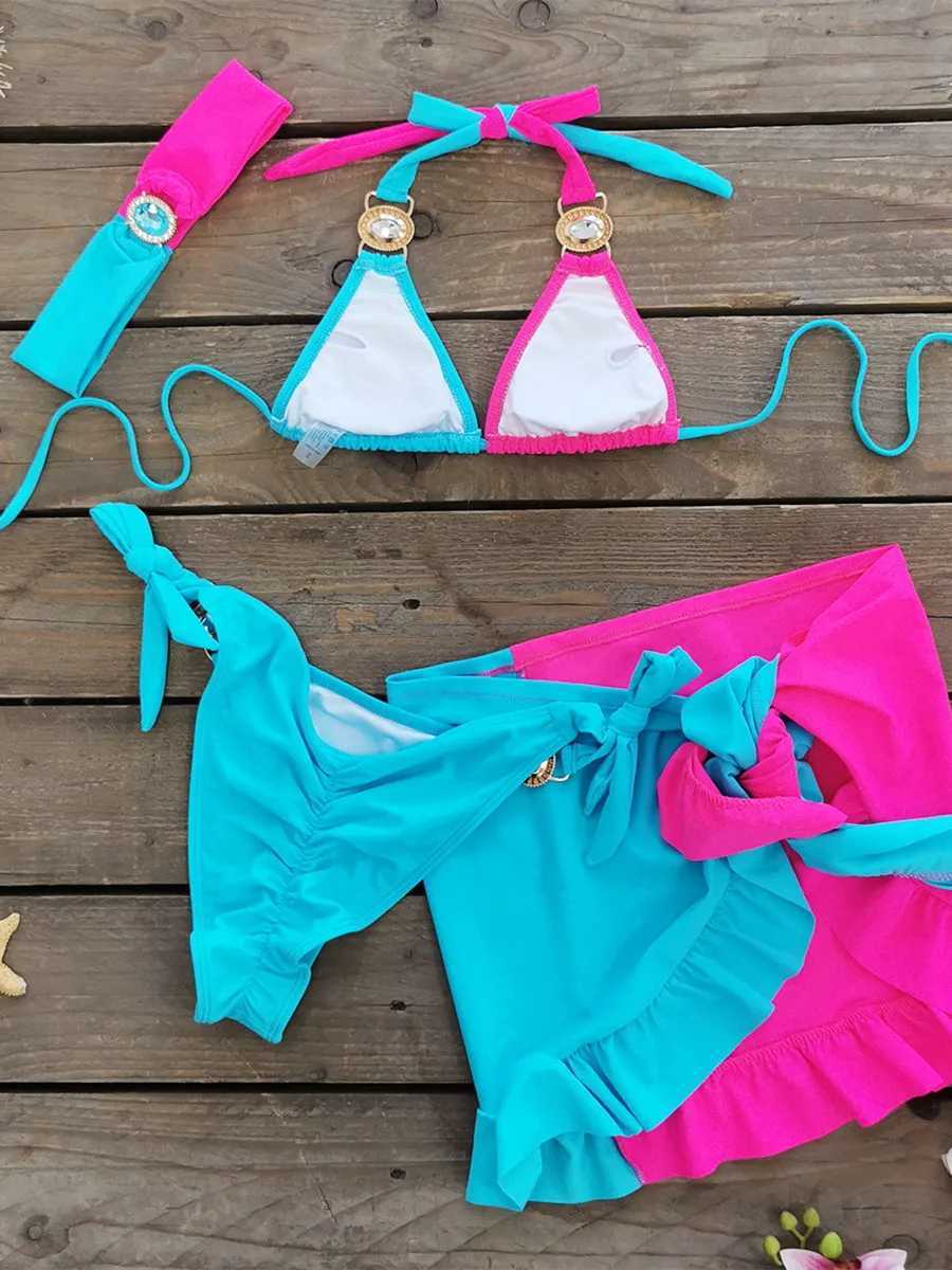 Sexy Skirt 4 Pieces Bikini Set Women Luxury Blue Patchwork Rhinestone Push Up Cover Up Swimsuit 2024 Beach Bathing Suit SwimwearXJ241223