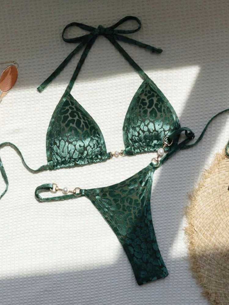 Sexy Swimwear Women Lace Up Bikini Suit Female Leopard Printed Bow Tie Beachwear Pearl Biquinis Swimsuit Bather Bathing SuitXJ241223