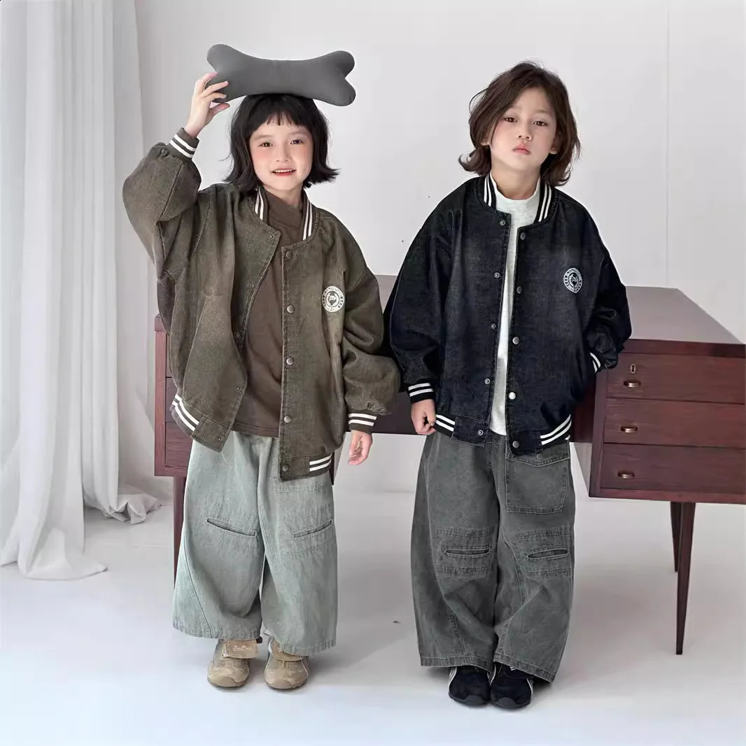 Spring Autumn 1-8Y Girls Baseball Jacket Corduroy Sticker Embroidery Kids Boys Coat Vintage Round Collar Toddler Girls Outerwear 241223