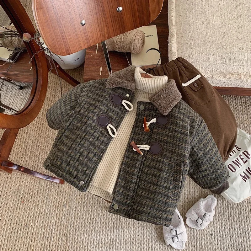 Kid Parkas Coats Children Horn Buckle Children Tweed Coat Boy Cotton Plaid Coat Baby Warm Autumn and Winter Thick Coat 241223