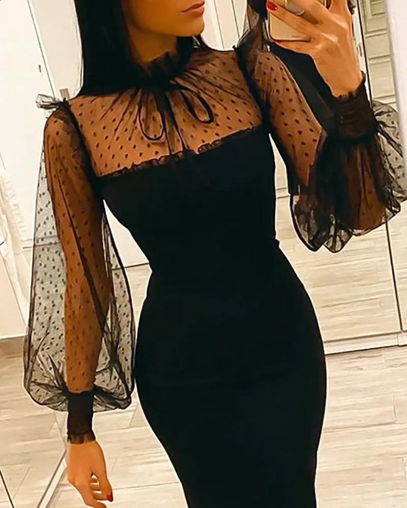 Womens solid elegant long sleeved mesh patch casual round neck Maxi sexy formal party black dress 241223