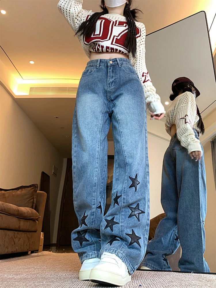 Baggy Jeans Women Star Patchwork Ins High Waist Y2k 2000s Autumn Slacks Mopping Trousers Cowgirl Clothes Streetwear Daily 241218