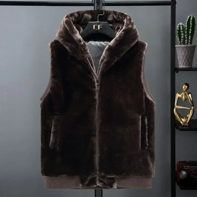 2025 New Sleeveless Jacket Men Hooded Warm Thermal Witer Faux Fur Vest Male Plush Flannel Coat Fluffy Fleece Waistcoat