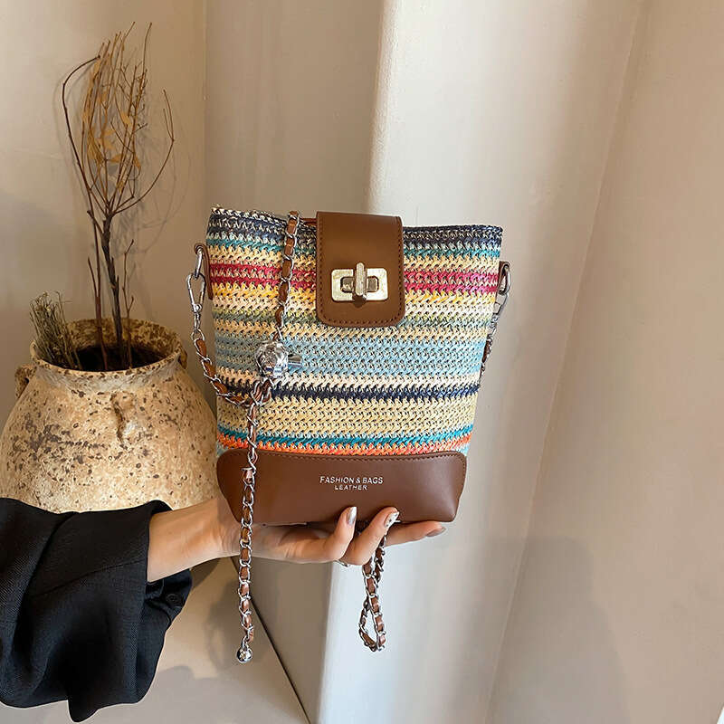 This year's popular straw bucket for women 2024 new fashionable summer rainbow woven crossbody phone bag