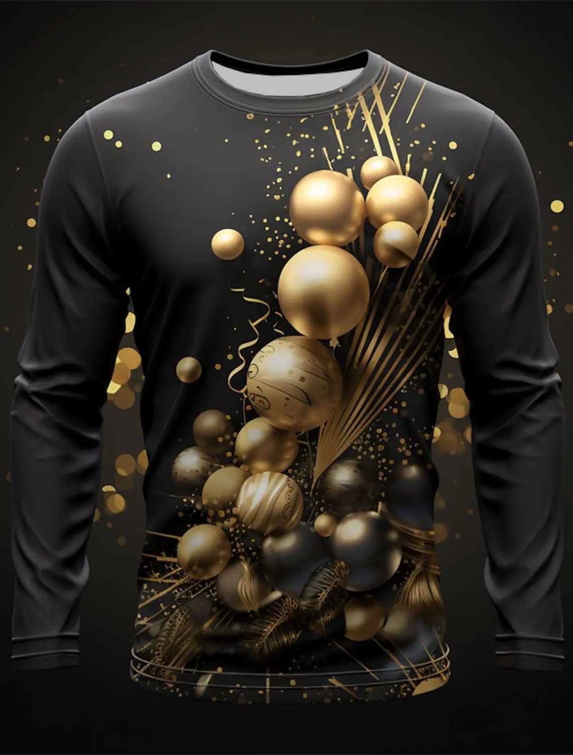 New Arrival Graphic Balloon Fashion Mens 3D Printed T-shirt Tee Holiday Going out New Years T-shirt Black Gold Long Sleeve Crew Collar Shirt Z241223