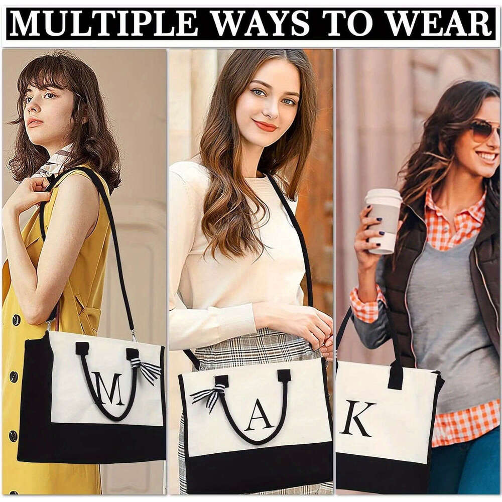 3pcs/2pcs - Initial Canvas Tote & Makeup Bag With Adjustable Strap, Birthday Women Gifts For Wife Girlfriend Friends Female Sister Teacher, Christmas 