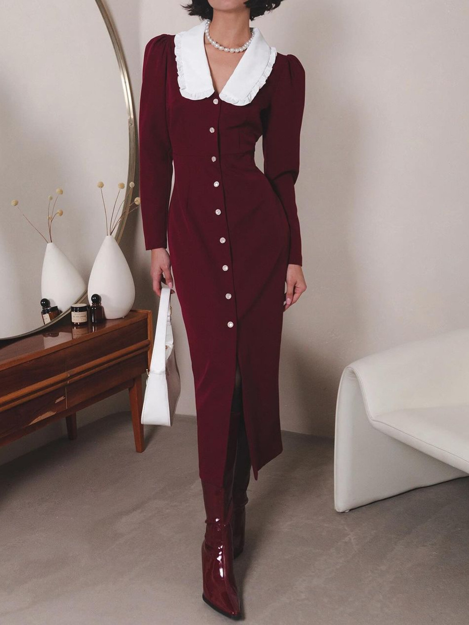 L94338 Spring Fashion French Baby Collar Puff Sleeve Button-up Contrast Color Slim Fit Hip Dress