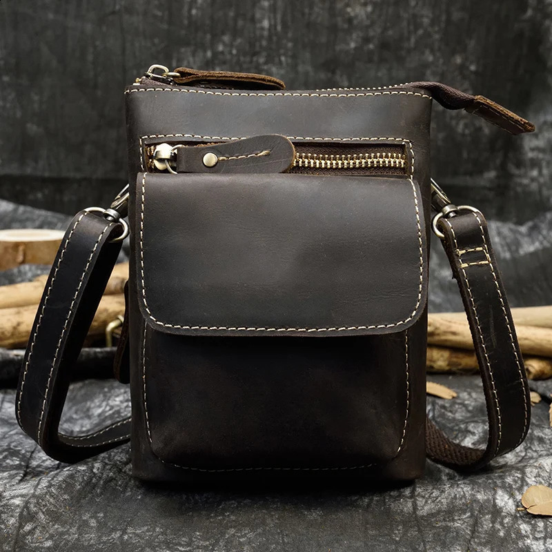 Men Vintage Genuine Leather Waist Pack Shoulder Strap Belt Bag Small Crazy Horse Leather Crossbody bag Belt Phone Pouch 241223