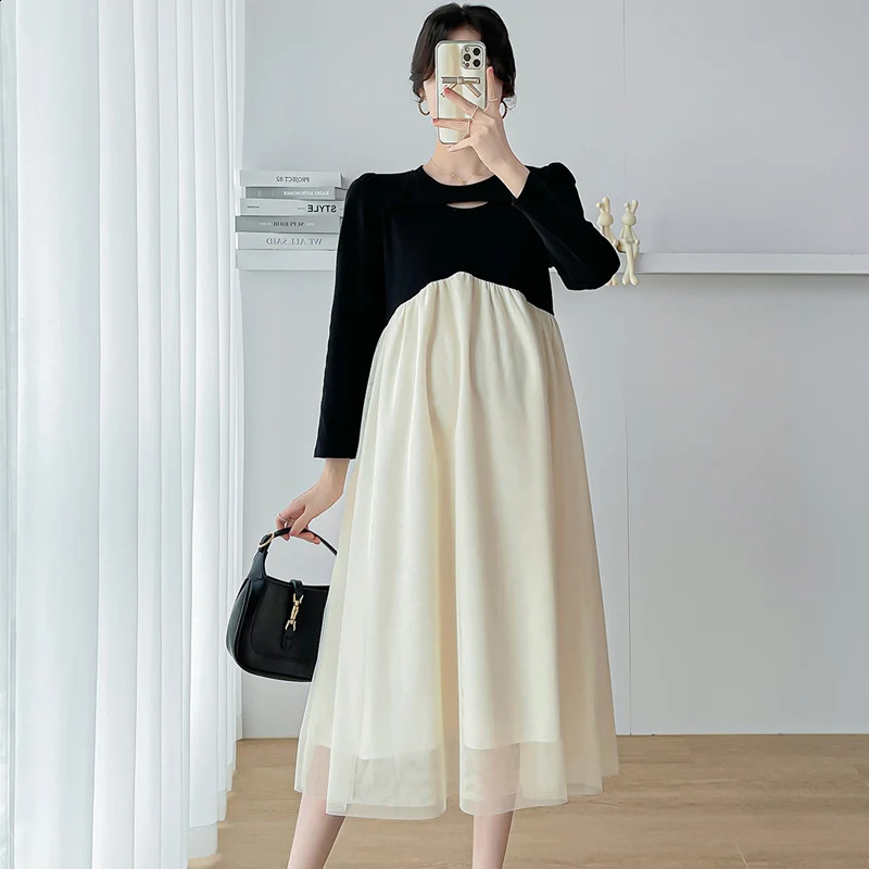Fashion Maternity Autumn Chiffon Dress Ruffles Patchwork High Waist Block Color Pregnant Woman Chiffon Dress Princess Clothes 241223