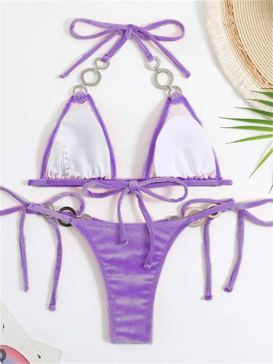 Sexy Triangle Bikinis Set Women 2024 Solid Pink Criss Cross Velvet Swimsuit Luxury Rhinestone Bathing Suit Metal Swimwear Y2KXJ241223