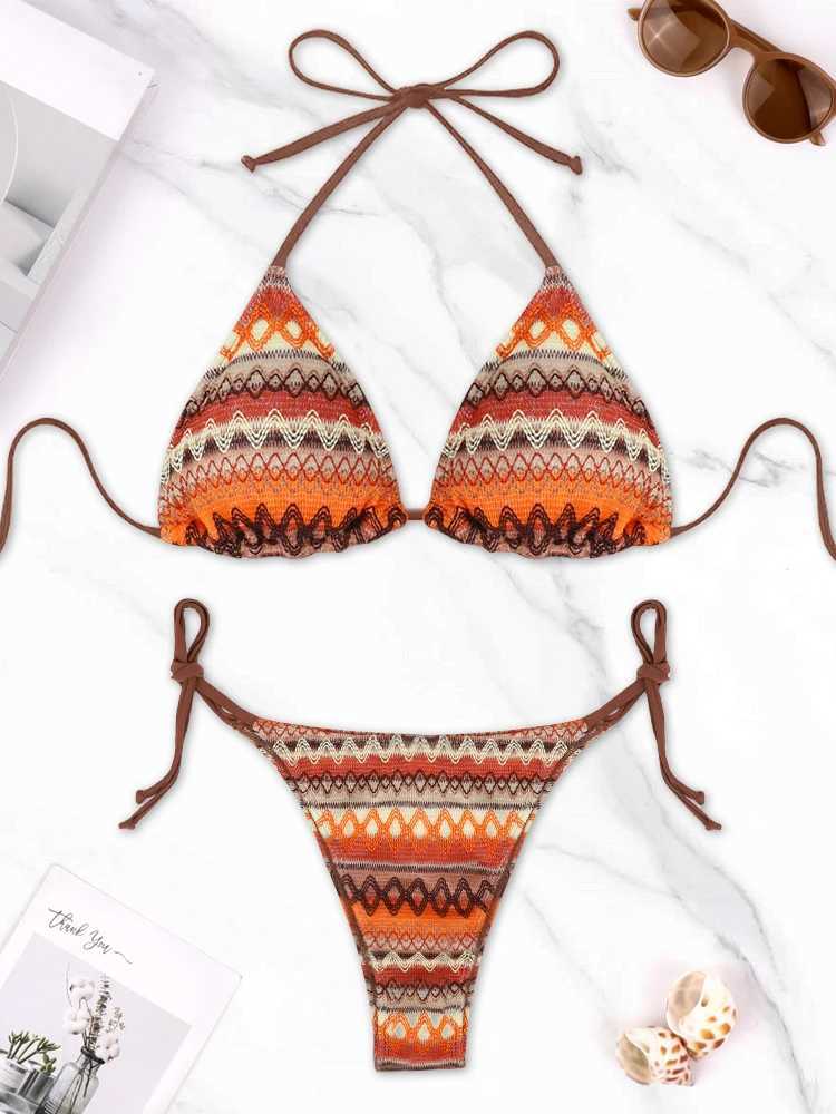 2PCS Sexy Bikini Ethnic Style Pattern Holiday Swimwear Beach Tie Swimsuit Set Sexy Girl Backless High Waist Fashion 2024XJ241223