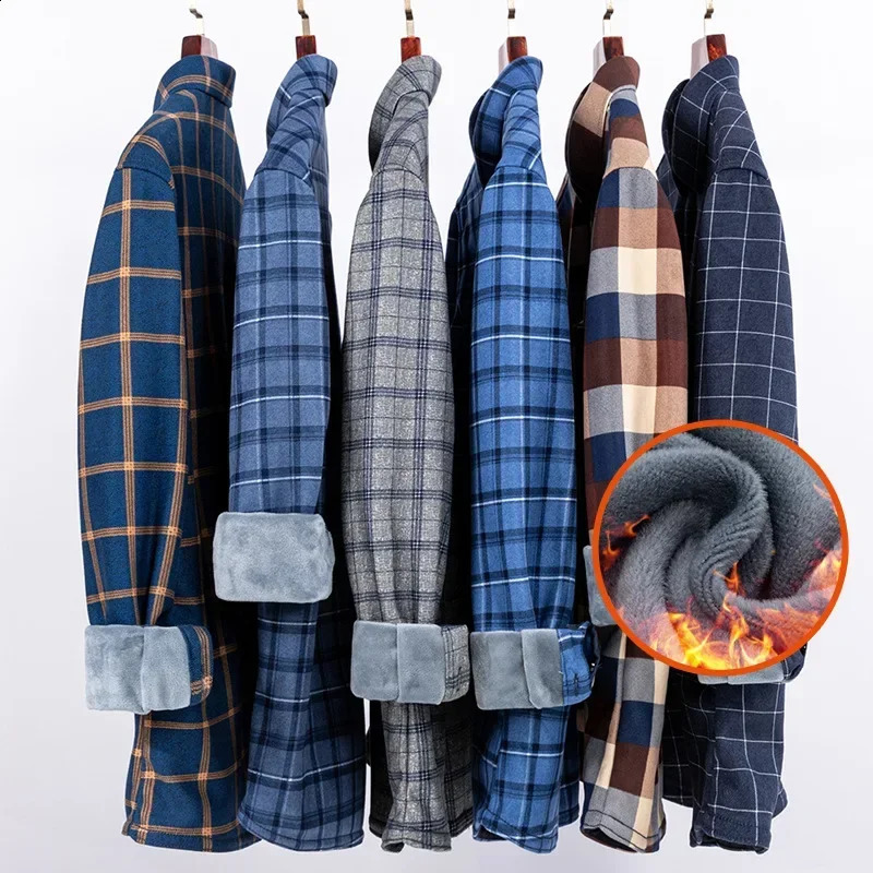 Thick Fleece Plaid Shirts Men Autumn Winter Turn-down Collar Shirt Tops Male Warm Slim Casual Business Jackets Outwear 241223