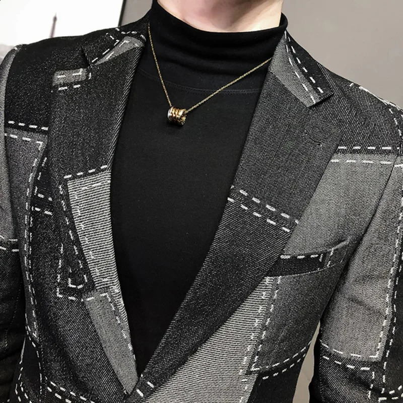 Fashion Patchwork Geometric Print Mens Blazer Vintage Hombre Casual Suit Men Jacket Autumn Plaid Stylish 241218