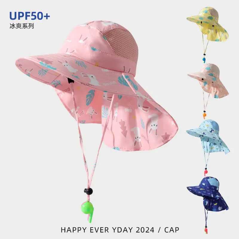 Caps Hats UV resistant childrens summer baby sun hat bucket hat with whistle suitable for girls boys outdoors neck earmuffs beach hat H241223