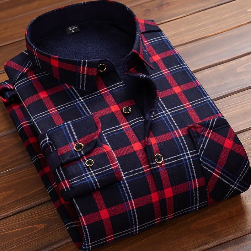 Autumn/Winter Fashion Plaid Shirt Mens Casual Relaxed Comfortable Plus Fleece Thick Warm High Quality Long Sleeve Shirt 241223