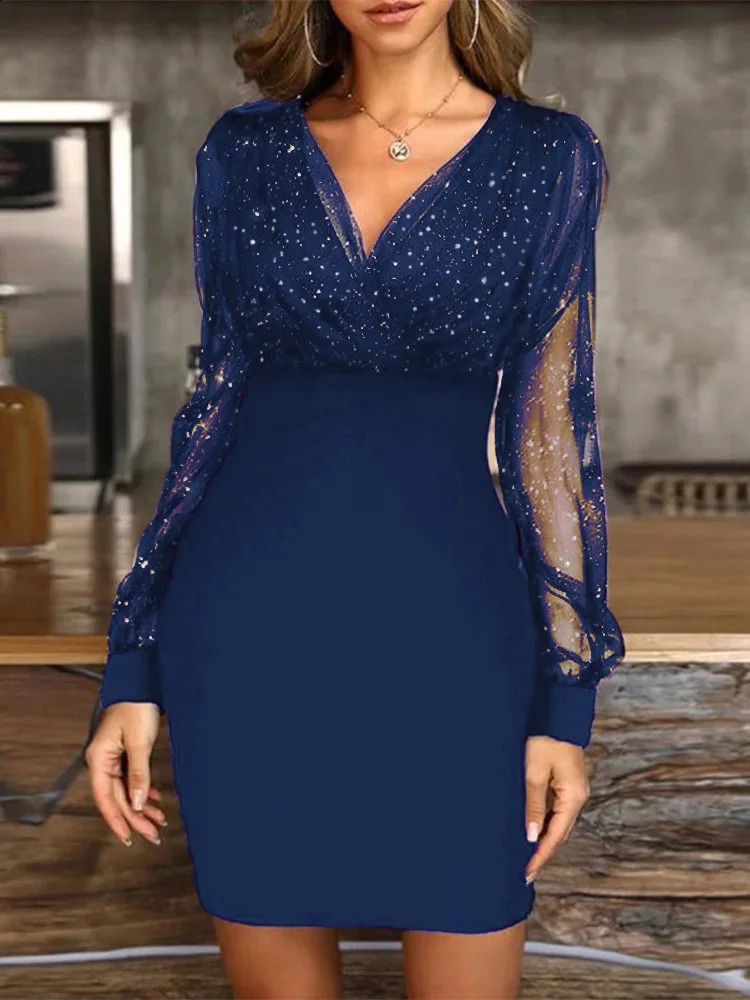 Sexy V-neck See Through long sleeved dress for womens spring and autumn party mini dress Vestdos cortos 241223
