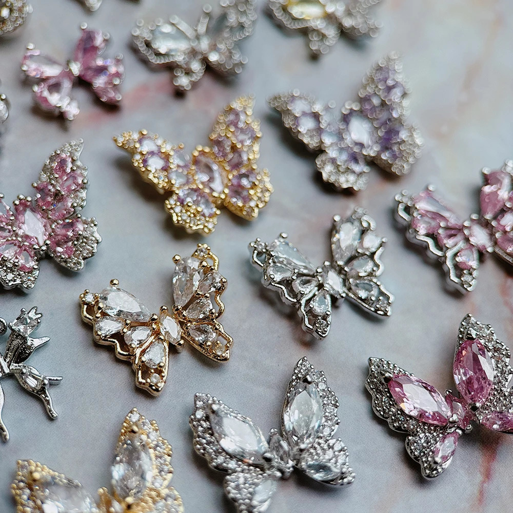 10pcs/lot Large Pink Butterfly Zircon Crystals Metal Nails Jewelry Decorations Nail Art Accessories Charms Parts Supplies 241220