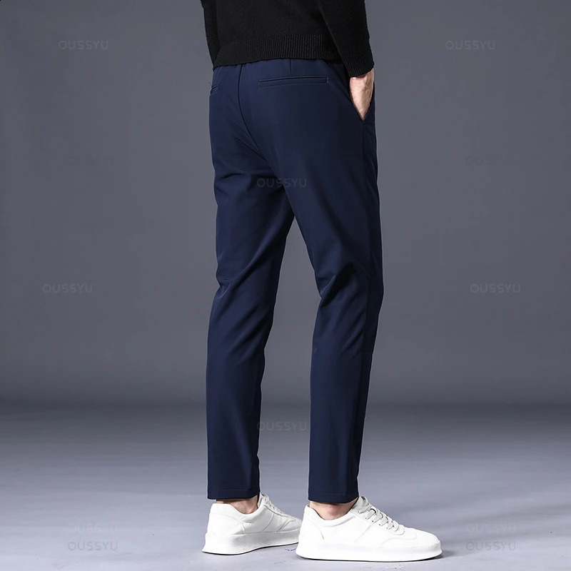 Winter Warm Mens Fleece Pants Thick Business Stretch Slim Fit Elastic Waist Jogger Korean Classic Black Gray Blue Trousers Male 241223