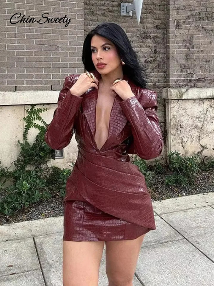 Sexy Burgundy Deep V Leather Mini Dress Women Lattice Shoulder Pads Long Sleeve High Waist Fold Dresses Lady Slim Short Robes 241223