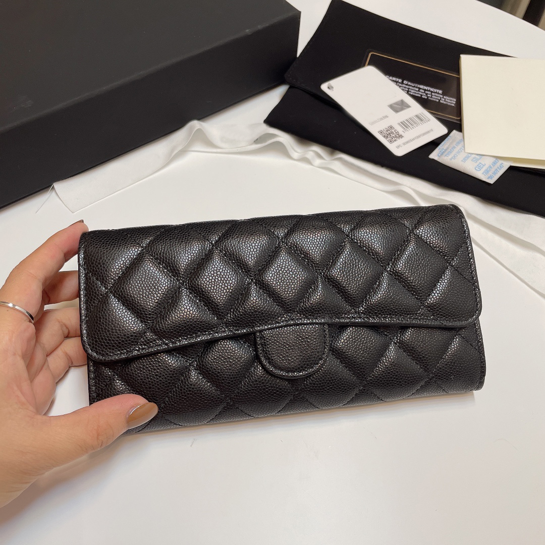 10A Designer Wallet 19cm Caviar Leather Long Clutch Classic Quilted Bi-Fold Gold and Silver Hardware Leather Flap Purse with 12 Card Slots