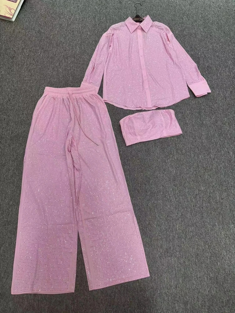 Stylish Relaxation Set Dias Shirt Tube Top And Wide Leg Pants 3 Pieces Fashion Woman High Street Wear Vaction Outfit