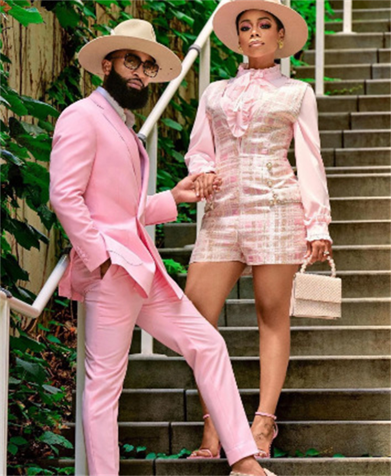 2025 Pink Groom Wear Wedding Tuxedos Slim Fit Two Pieces Men Suits One Button Long Sleeves Peaked Lapel Formal Suit Prom Party Blazer Pants