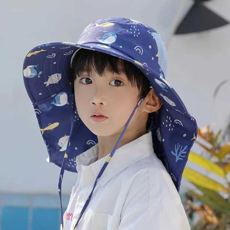 Caps Hats UV resistant childrens summer baby sun hat bucket hat with whistle suitable for girls boys outdoors neck earmuffs beach hat H241223