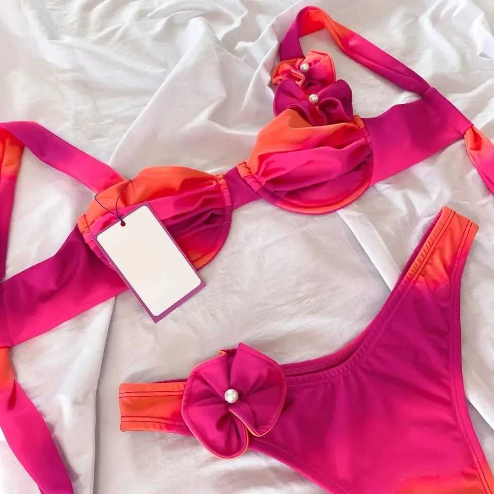 Sexy Flower Shiny Pink Push Up Bikini 2024 Women Swimwear Underwired Swimsuit High Cut Bathing Suit Wrinkled Bikinis Set BiquiniXJ241223