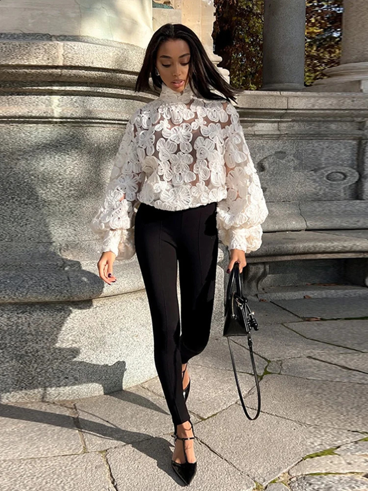 Elegant Turtleneck Hollowedout Lace Shirt Women Chic Solid Lantern Sleeved Short Tops Female Spring Fashion High Street Top 241218