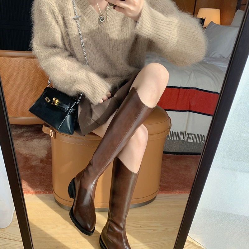 Winter New Pointy Mid-Heel Knee-High Back Zipper Solid Color Heightening Car And Veet Fashion Elegant High Boots